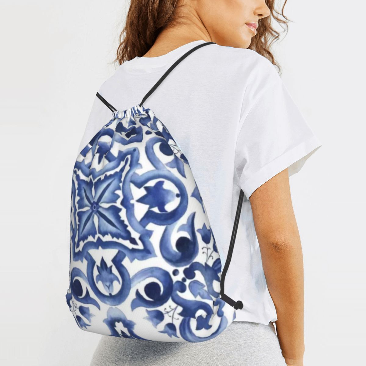 Blue Ornate Floral Mediterrane - Tile Bag Drawstring 리뷰 및 가격