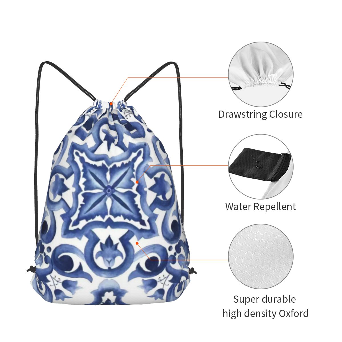Blue Ornate Floral Mediterrane - Tile Bag Drawstring 리뷰 및 가격