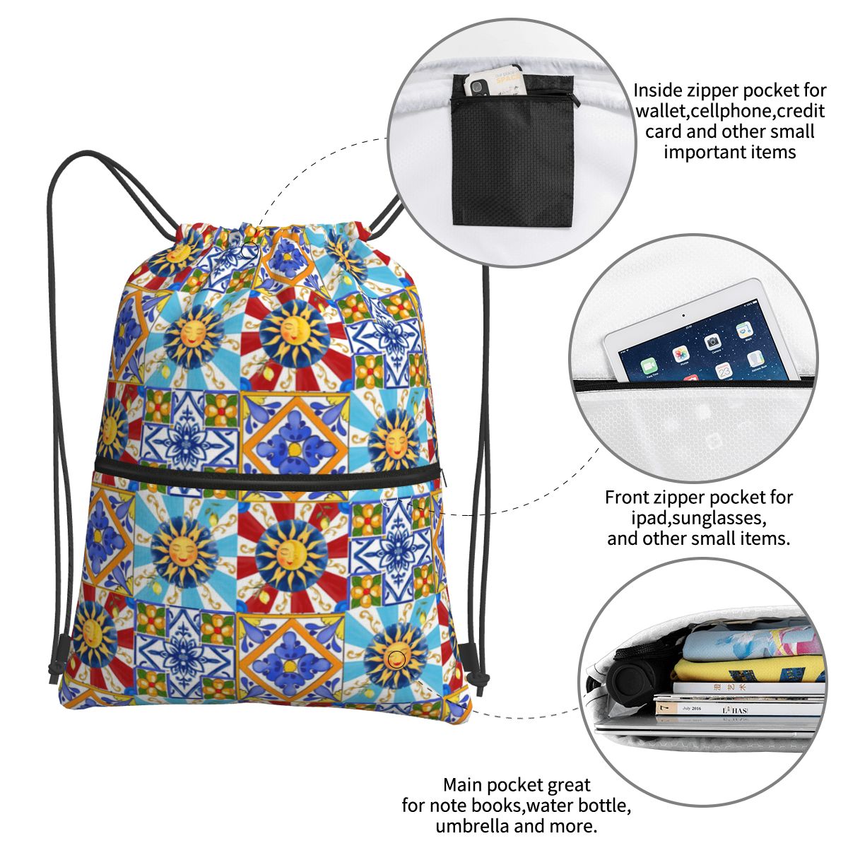Sicilian Tiles,sun,half Moon,m - Tile Bag Drawstring 리뷰 및 가격
