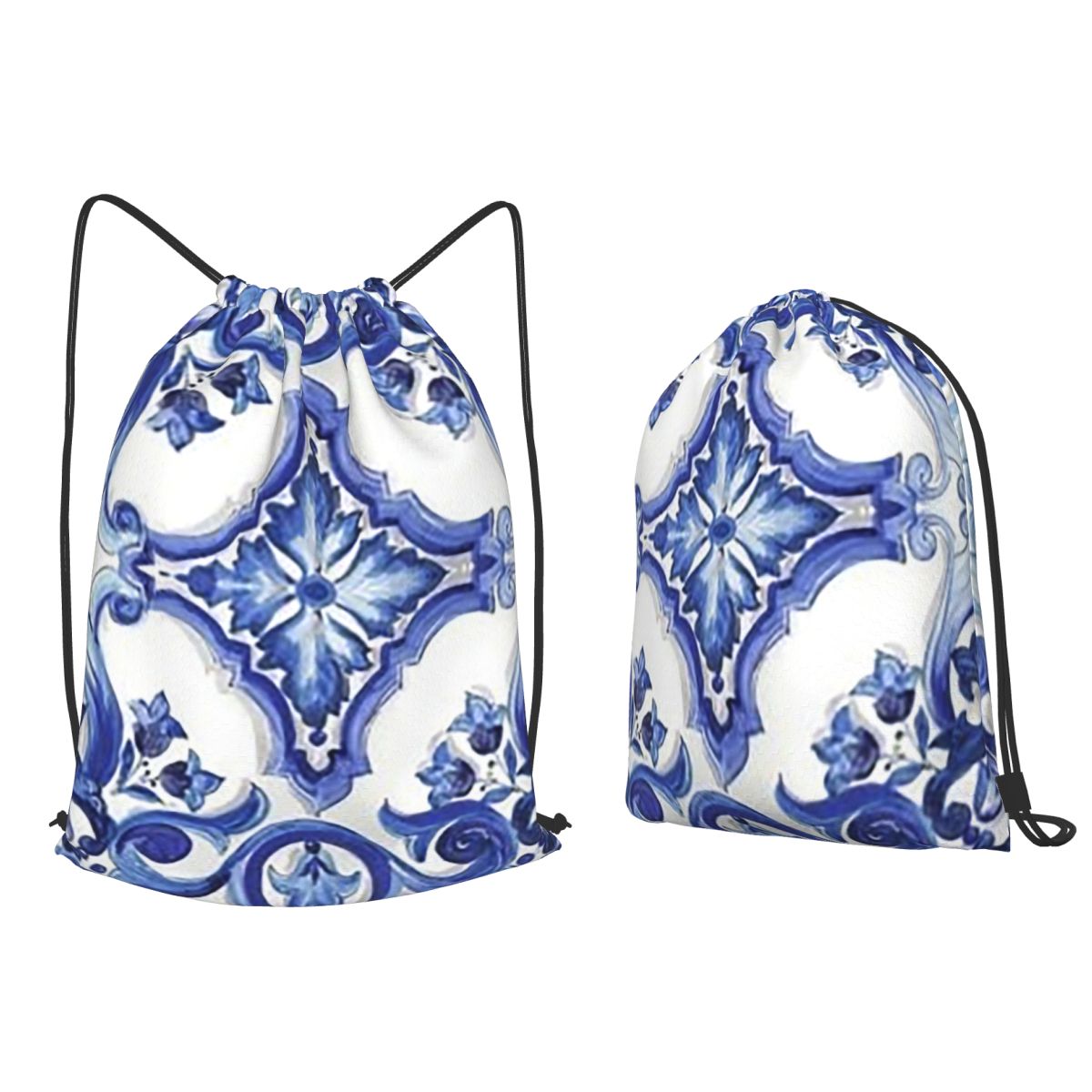 Blue Ornate Floral Mediterrane - Tile Bag Drawstring 리뷰 및 가격