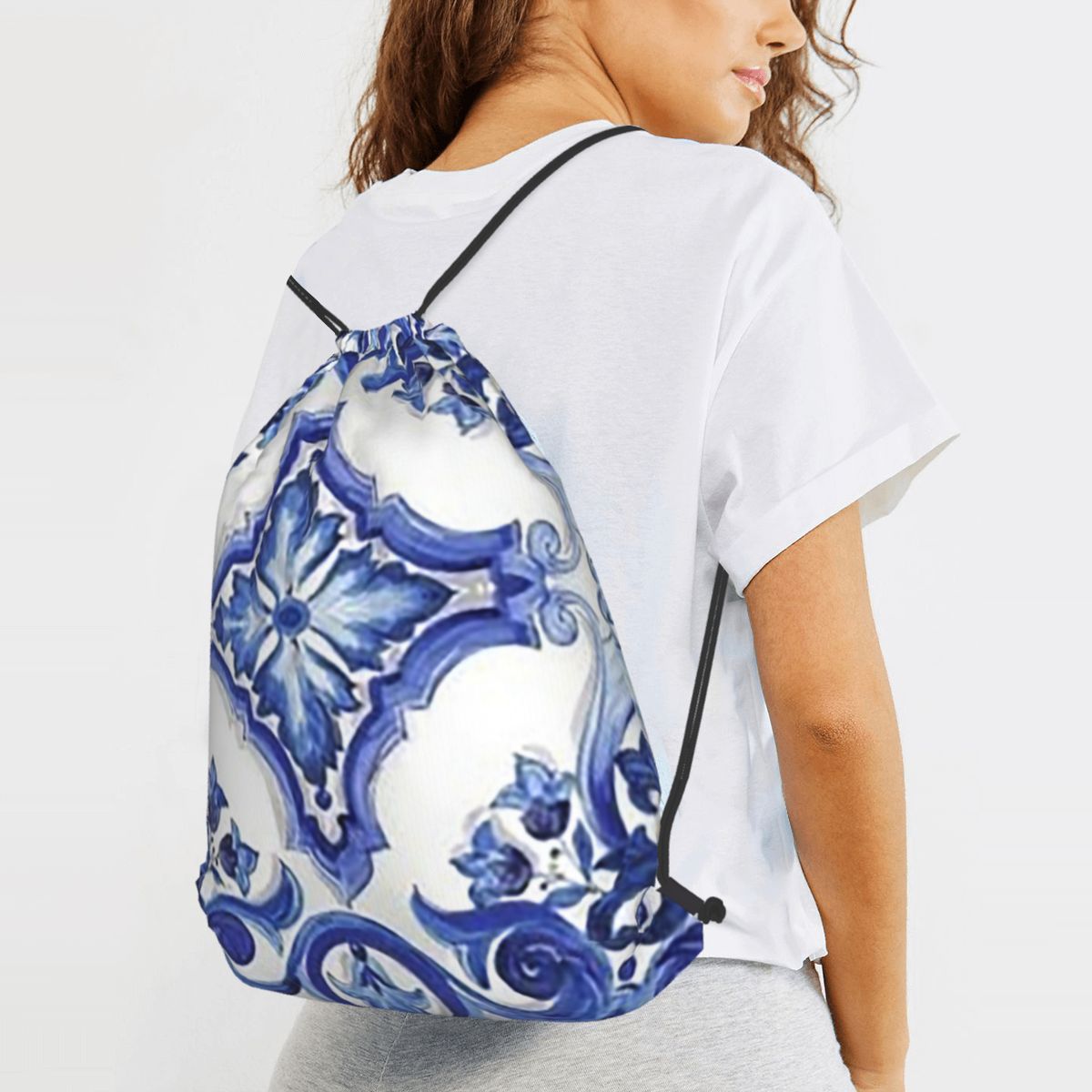 Blue Ornate Floral Mediterrane - Tile Bag Drawstring 리뷰 및 가격