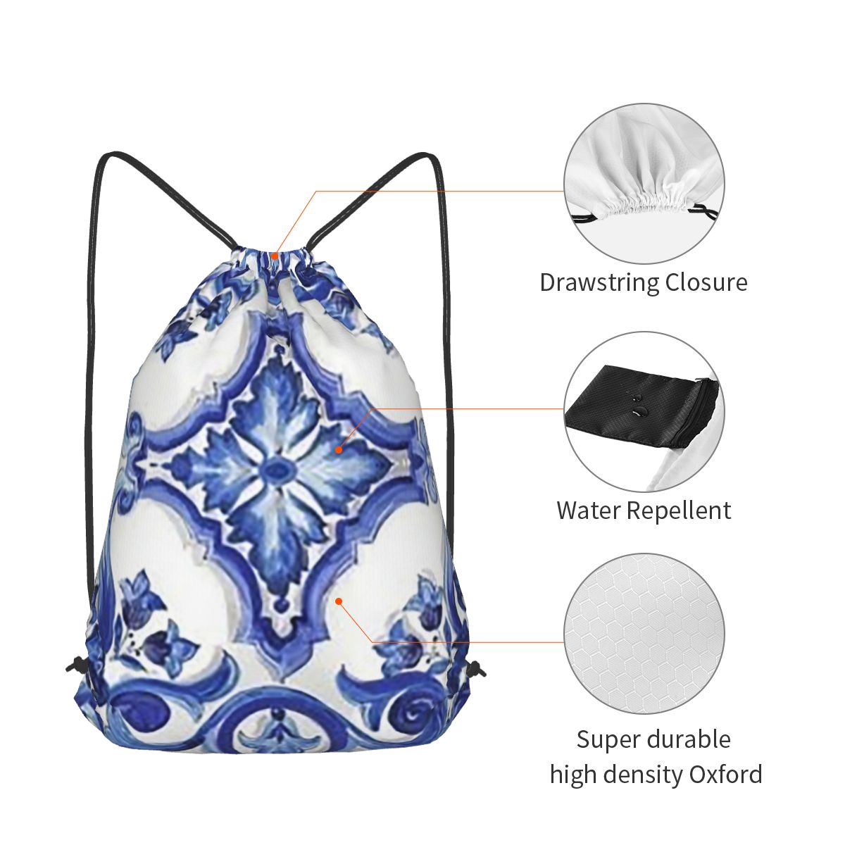 Blue Ornate Floral Mediterrane - Tile Bag Drawstring 리뷰 및 가격