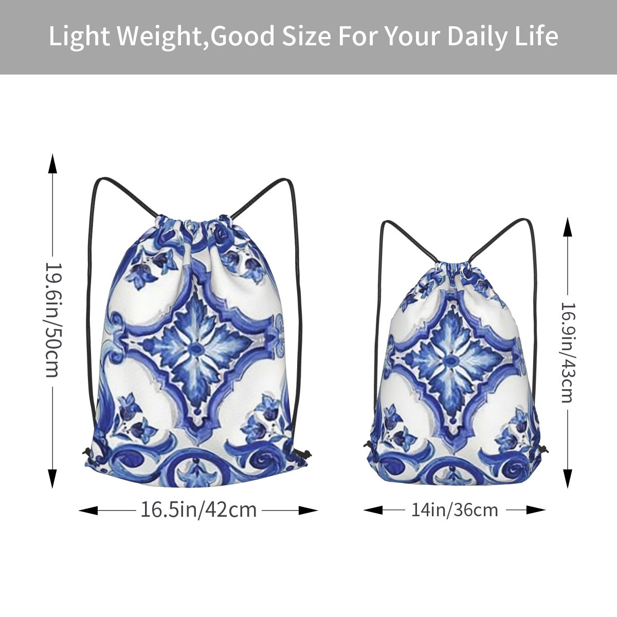 Blue Ornate Floral Mediterrane - Tile Bag Drawstring 리뷰 및 가격