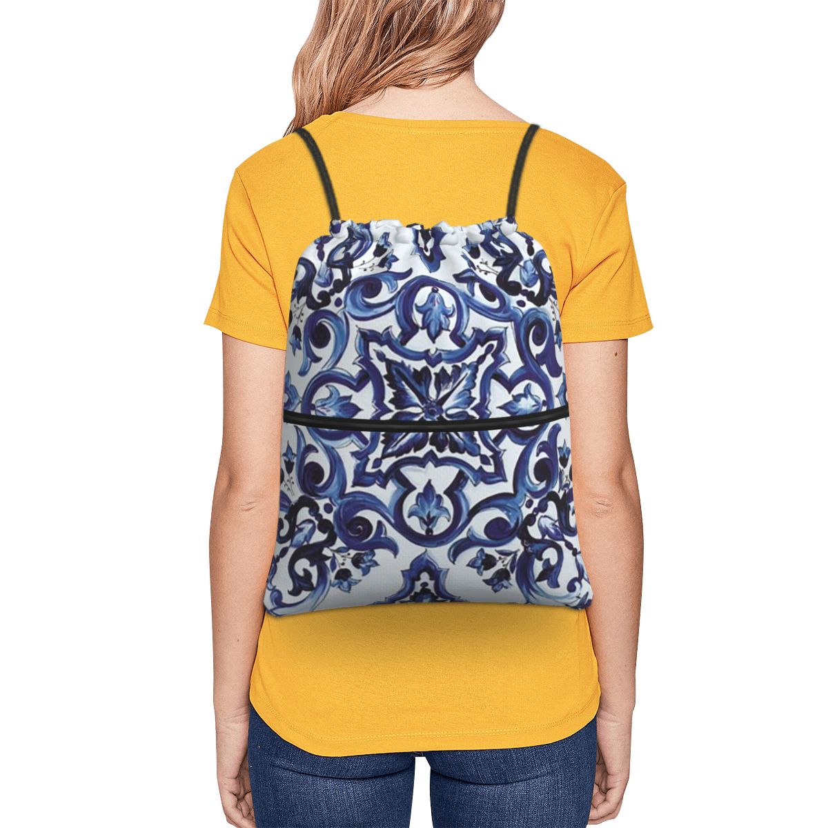 Blue Ornate Floral Mediterrane - Tile Bag Drawstring 리뷰 및 가격