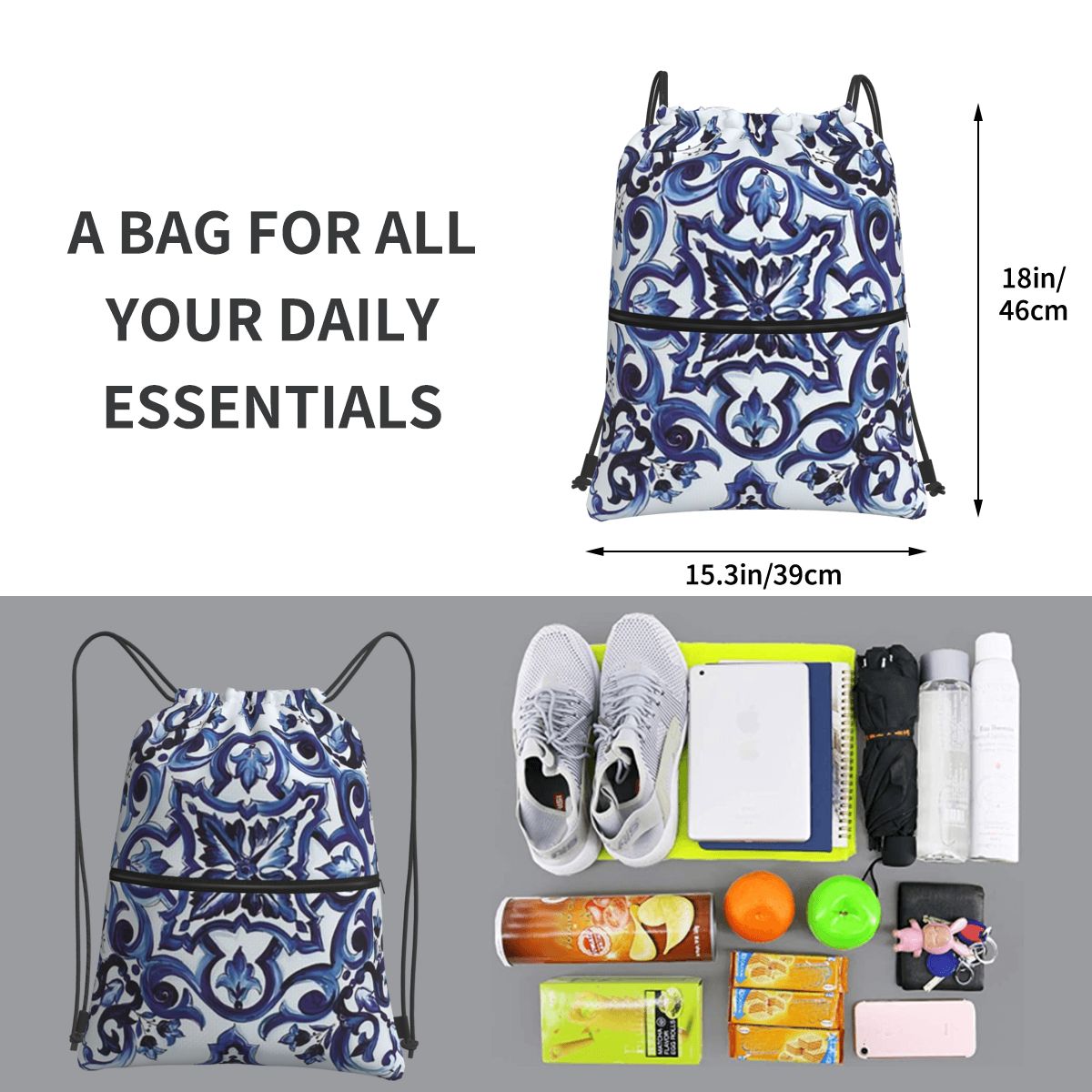Blue Ornate Floral Mediterrane - Tile Bag Drawstring 리뷰 및 가격