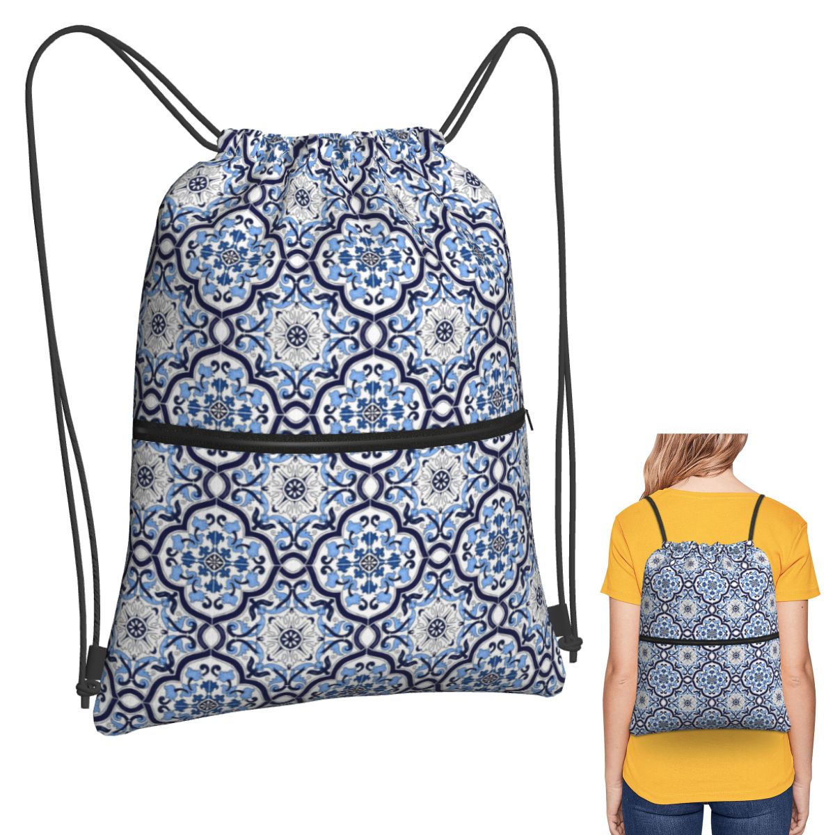 Blue Ornate Floral Mediterrane - Tile Bag Drawstring 리뷰 및 가격