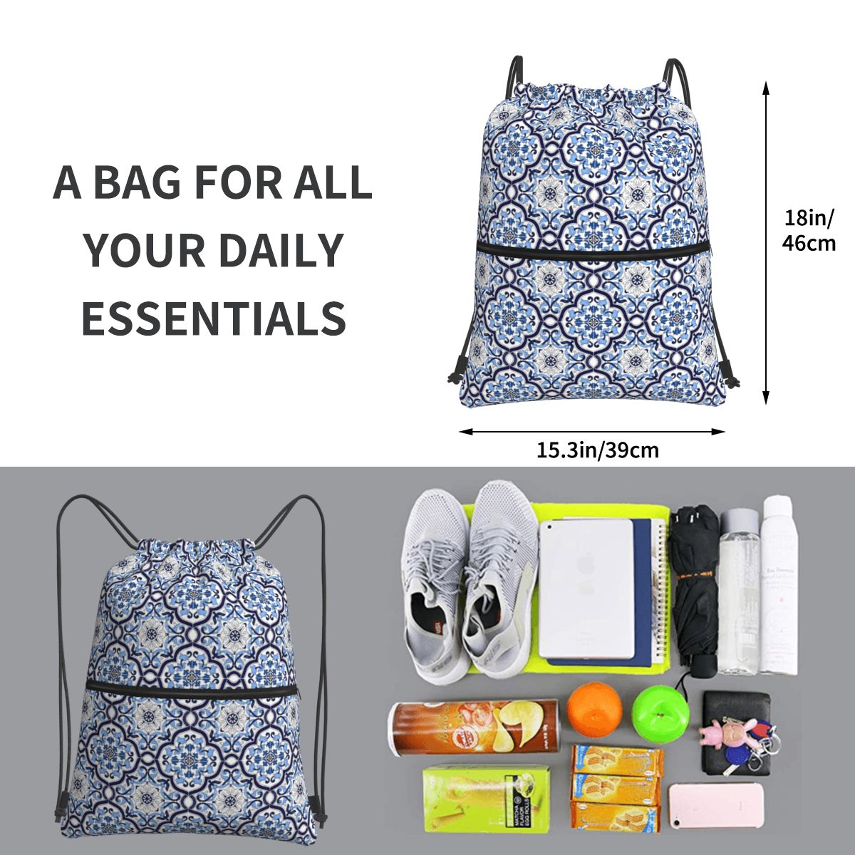 Blue Ornate Floral Mediterrane - Tile Bag Drawstring 리뷰 및 가격