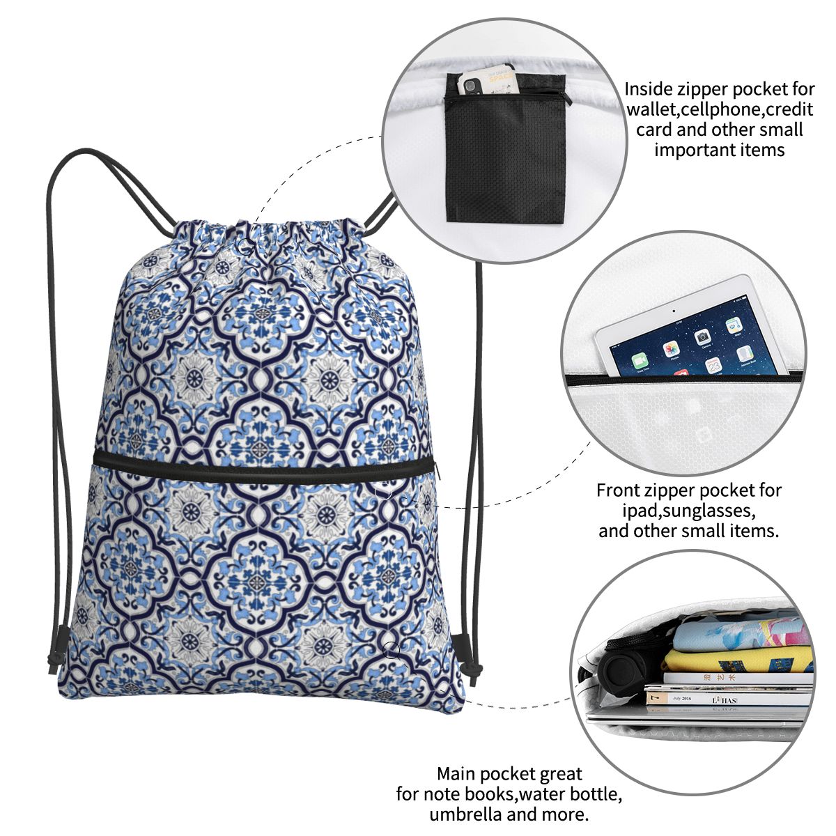 Blue Ornate Floral Mediterrane - Tile Bag Drawstring 리뷰 및 가격