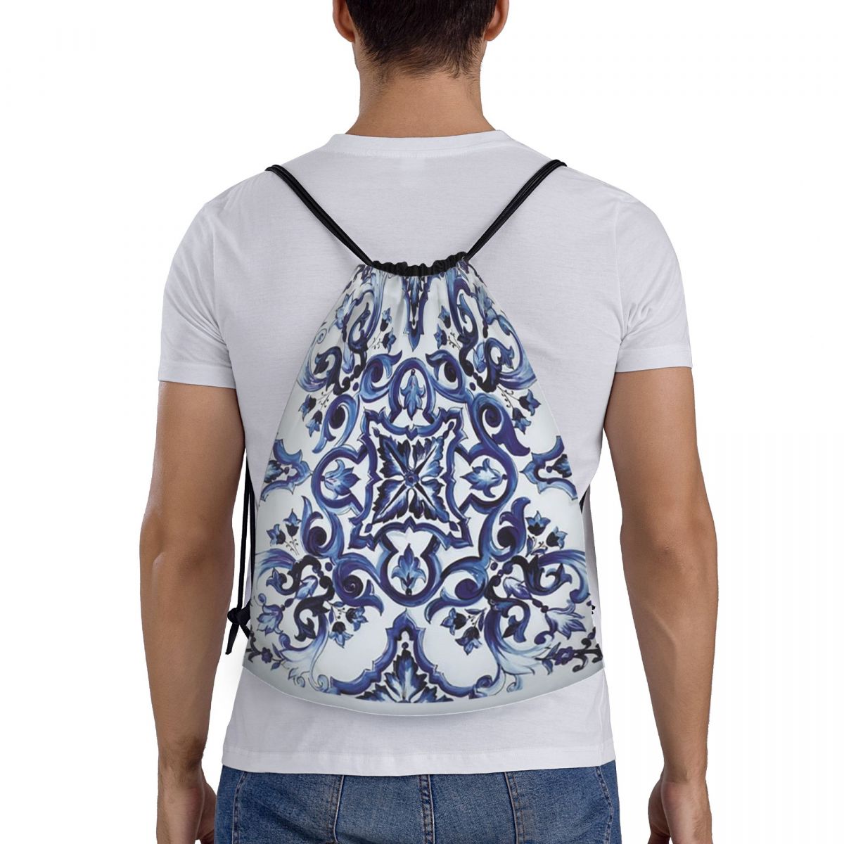 Blue Ornate Floral Mediterrane - Tile Bag Drawstring 리뷰 및 가격