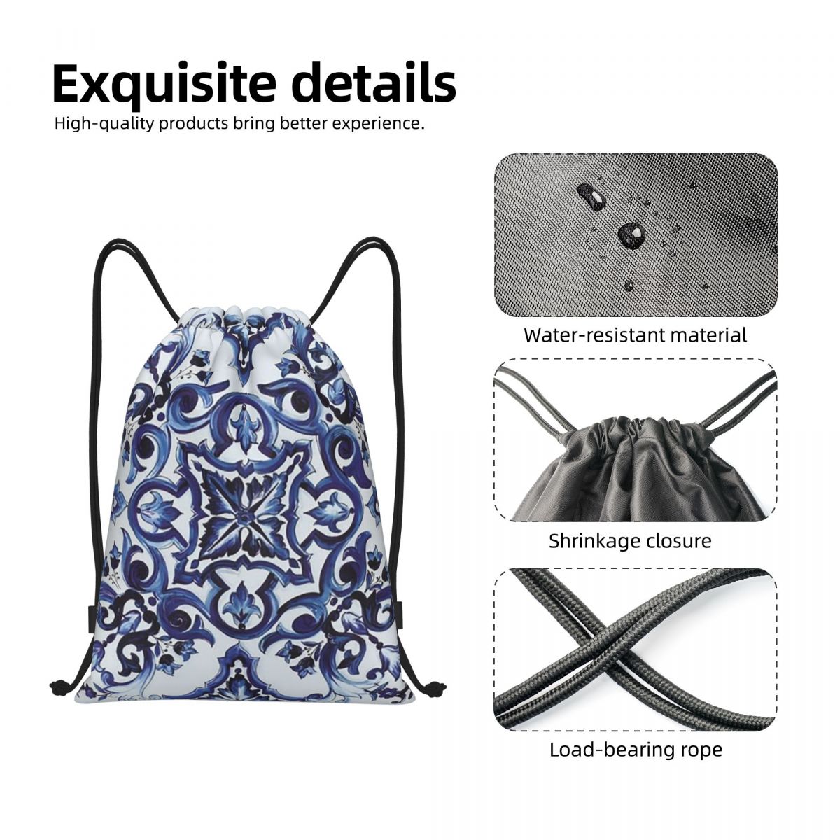 Blue Ornate Floral Mediterrane - Tile Bag Drawstring 리뷰 및 가격