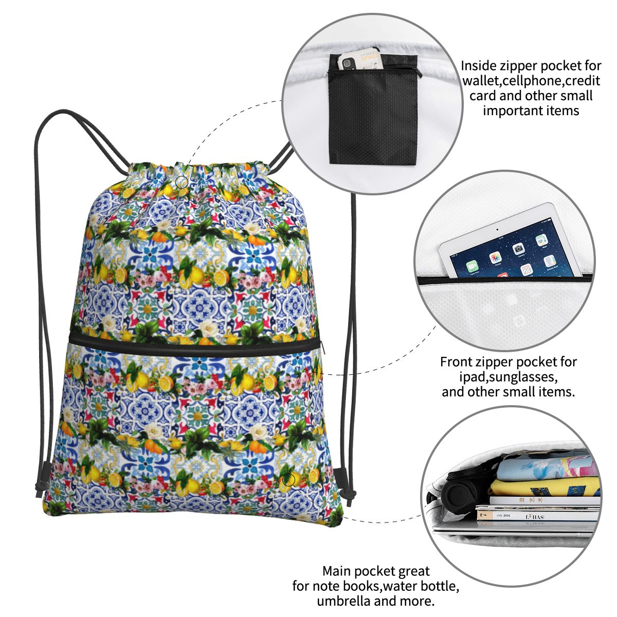 Sicilian Tiles,mediterranean,m - Tile Bag Drawstring 리뷰 및 가격