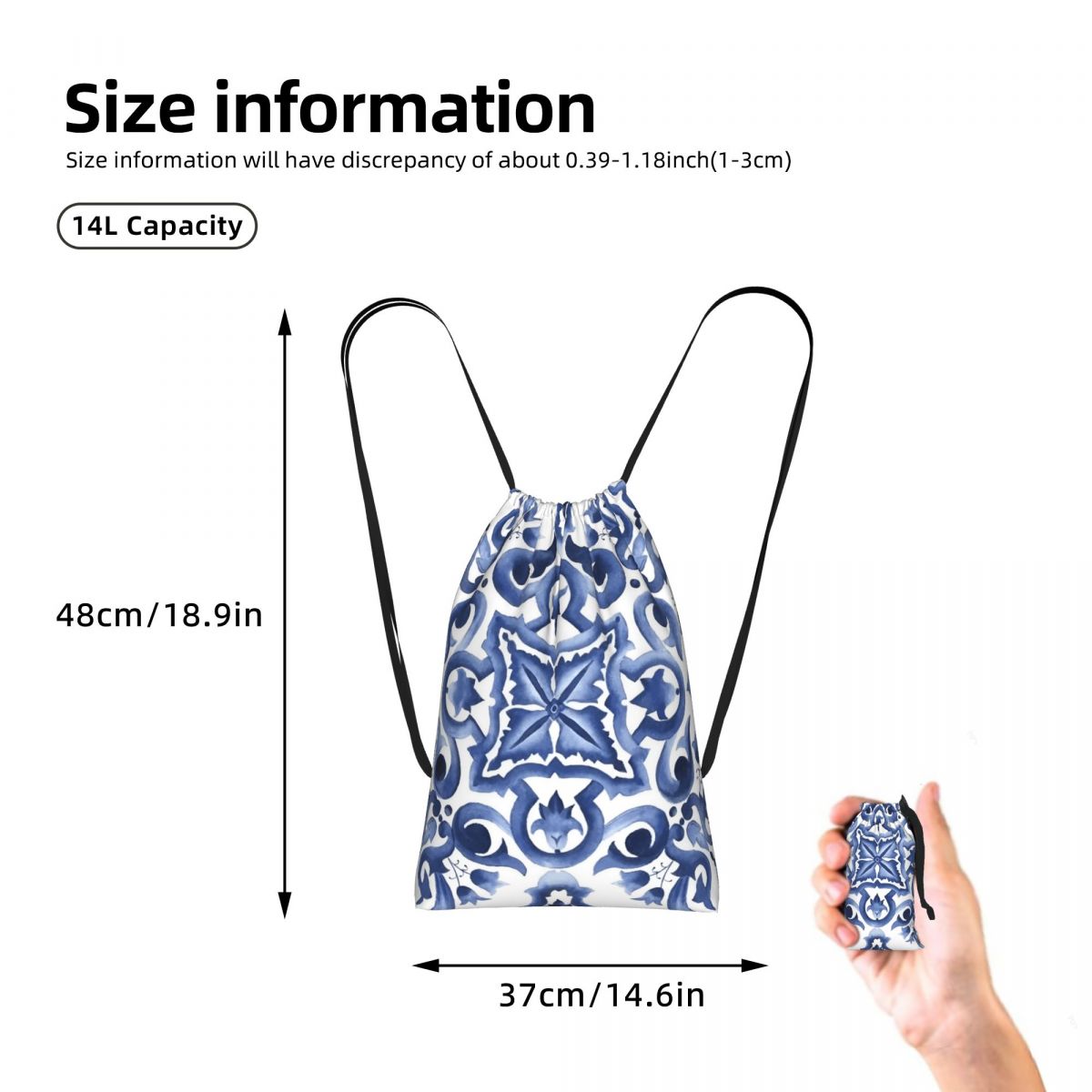 Blue Ornate Floral Mediterrane - Tile Bag Drawstring 리뷰 및 가격